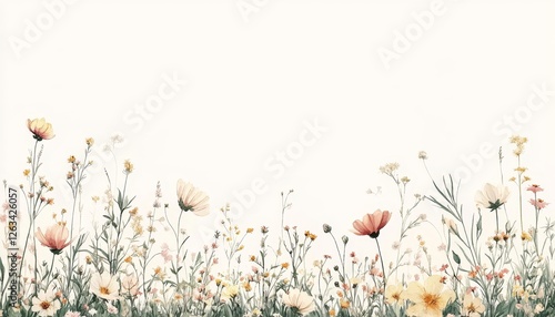 Watercolor Wildflower Meadow, Gentle Floral Illustration, Pastel Yellow and Pink Floral Design