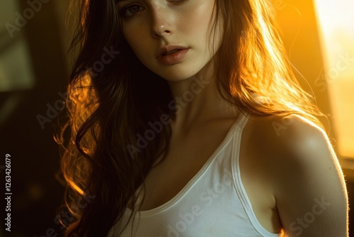 A woman with long brown hair wearing a white tank top