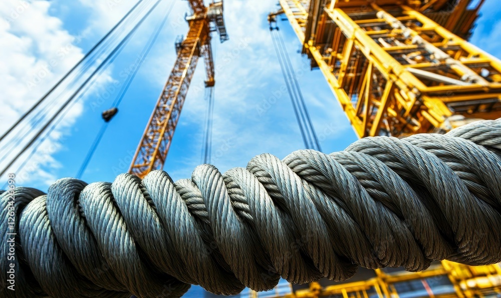Obraz premium Thick steel cable coils near towering crane