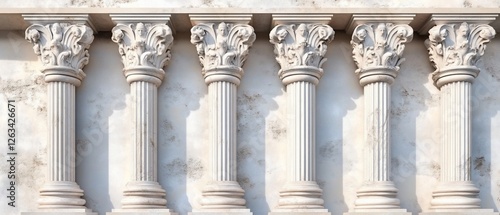 Classic columns, marble wall, sunlight, architectural design, website banner