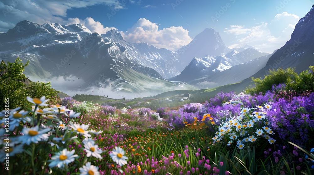 Fototapeta premium Vibrant mountain landscape with blooming wildflowers and majestic peaks under a clear sky
