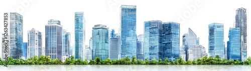 Cityscape skyline, green park, urban, modern architecture, reflection, business