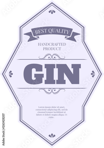 Light purple label with the writing gin, best quality, handcrafted product, decorations and sample text, ideal for alcohol, liquor and beverages