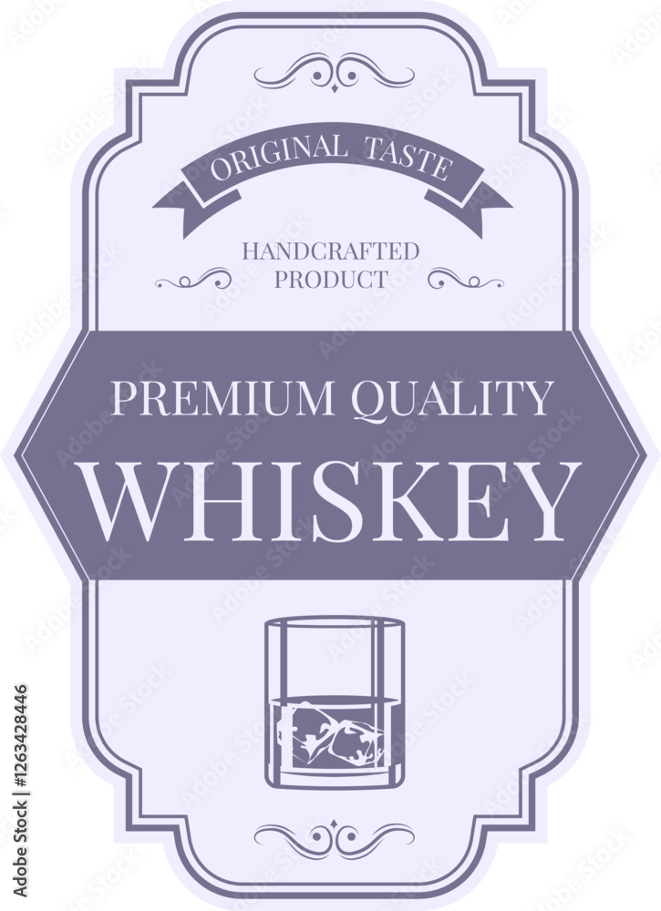 Fototapeta premium Vintage inspired label design for premium quality whiskey, emphasizing original taste and handcrafted production, featuring a glass with ice