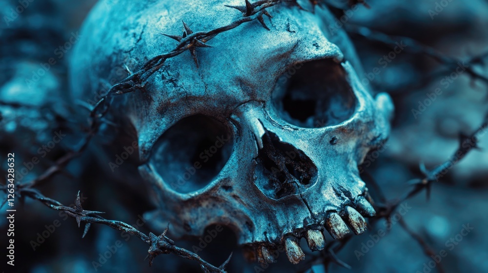 Naklejka premium A close-up shot of a skull wrapped in barbed wire, conveying a sense of danger and intensity