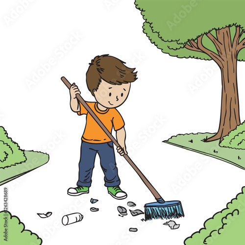 Vector Illustration of a Responsible Boy Cleaning the Park - Isolated Concept of Environmental Awareness and Social Responsibility