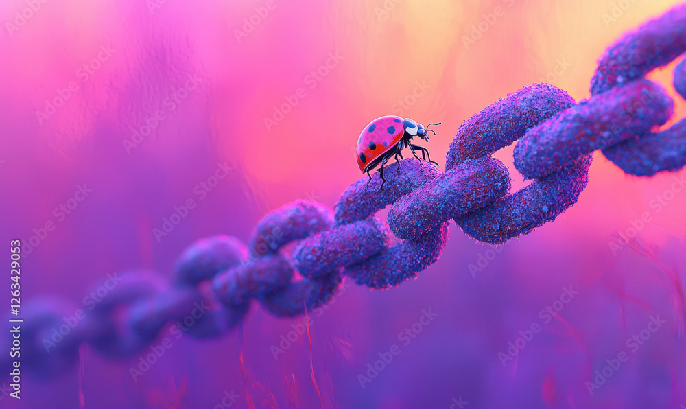 A Stunning Close-Up of a Ladybug on a Vibrantly Colored Chain: Emphasizing Nature's Beauty and the Intriguing Details of Insects Against a Dreamlike Background A Stunning Close-Up of a Ladybug on a Vibrantly Colored Chain: Emphasizing Nature's Beauty and the Intriguing Details of Insects Against a Dreamlike Background