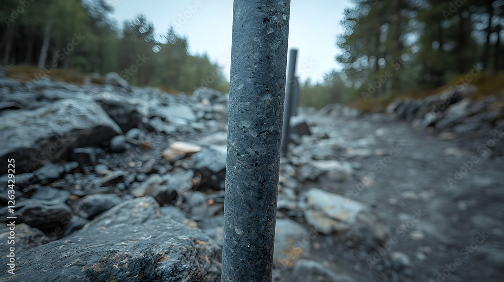 Metal posts in rocky path, forest background, nature trail