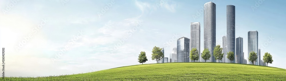 Obraz premium Cityscape on green hill, bright sky. Eco-friendly urban design
