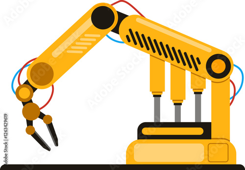 Yellow robotic arm with gripper working in a manufacturing industry, concept of machinery technology, factory machine hands, automation, and production process