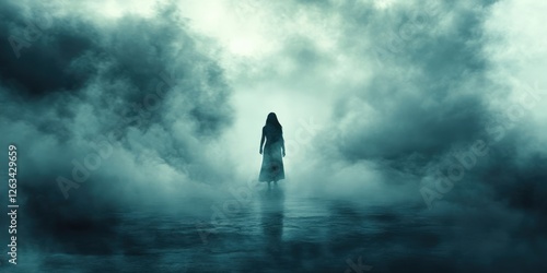 A shadowy silhouette emerges from dense fog, cloaked in mystery and moonlight, enshrouded by a hood that obscures its identity. Silent whispers dance around this enigmatic presence in the mist photo