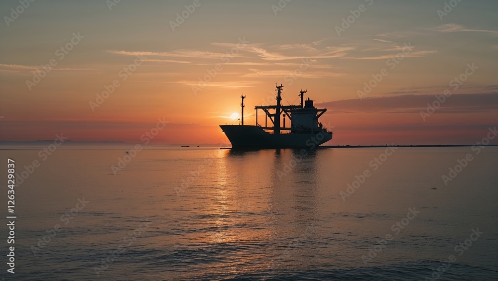 A Large Freight Ship Moves Across the Sea at Dusk, Creating a Dramatic Silhouette Against the Setting Sun A Large Freight Ship Moves Across the Sea at Dusk, Creating a Dramatic Silhouette Against the Setting Sun