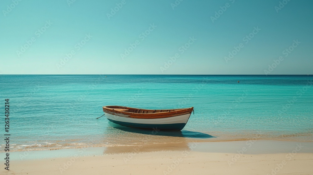 Naklejka premium Tranquil Seascape with Lone Boat on Serene Blue Water Horizon