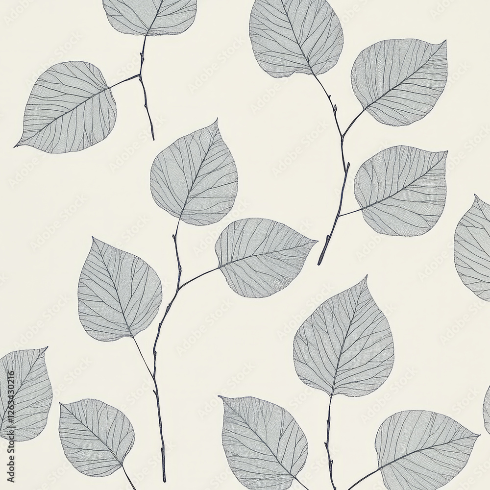 Obraz premium A Scandinavian leaf illustration featuring simple, elegant lines of birch leaves in soft gray tones. The clean, minimalist design works beautifully in modern Nordic interiors.
