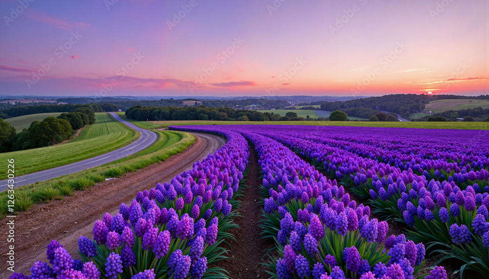 Naklejka premium Serene hyacinth flowers along winding countryside road at dusk, tranquility
