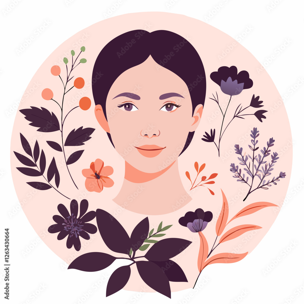 Young Caucasian woman's serene face framed by purple flowers. Looking directly at camera with calm expression. Natural beauty portrait. Concept: wellness, beauty salon, florist Young Caucasian woman's serene face framed by purple flowers. Looking directly at camera with calm expression. Natural beauty portrait. Concept: wellness, beauty salon, florist