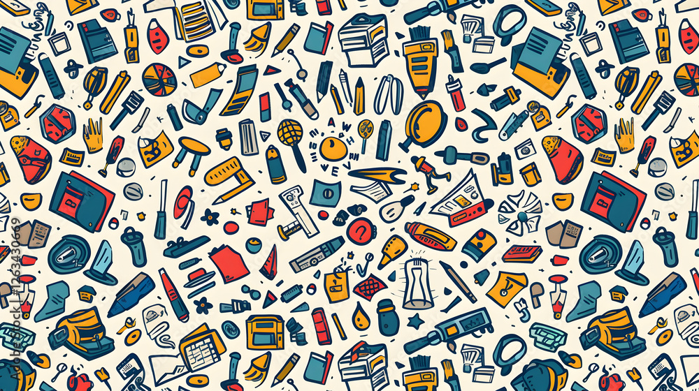 Naklejka premium Colorful illustration of various office supplies scattered across a light background, ideal for educational use
