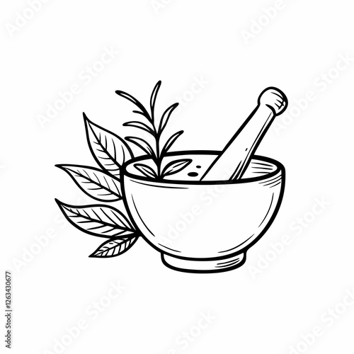 Simple line drawing of mortar and pestle with herbs. Apothecary style artwork with botanical elements. Clean minimalist design. Concept: herbal medicine, natural pharmacy