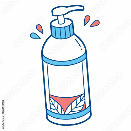 White pump bottle dispenses lotion with flying droplets. Simple cartoon design with blue cap and red band. Clean minimalist style for product display. Concept: skincare, cosmetics, hygiene