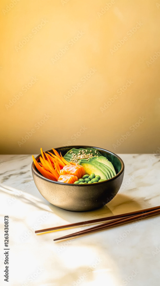 Fresh and vibrant poke bowl with sushi grade salmon and vegetables Fresh and vibrant poke bowl with sushi grade salmon and vegetables