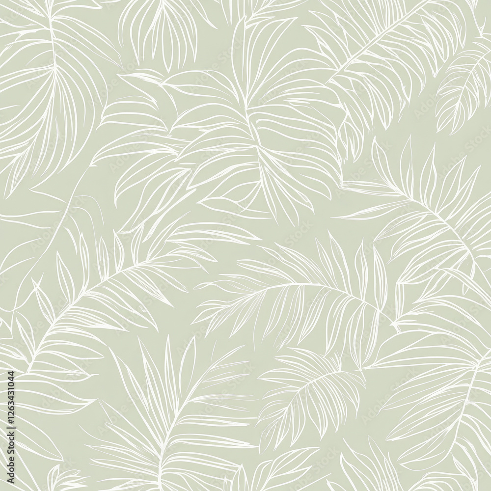 A minimalist tropical plant illustration with delicate outlines of palm leaves, monstera, and ferns on a soft pastel background. Hand-drawn botanical elements create a stylish and elegant design.