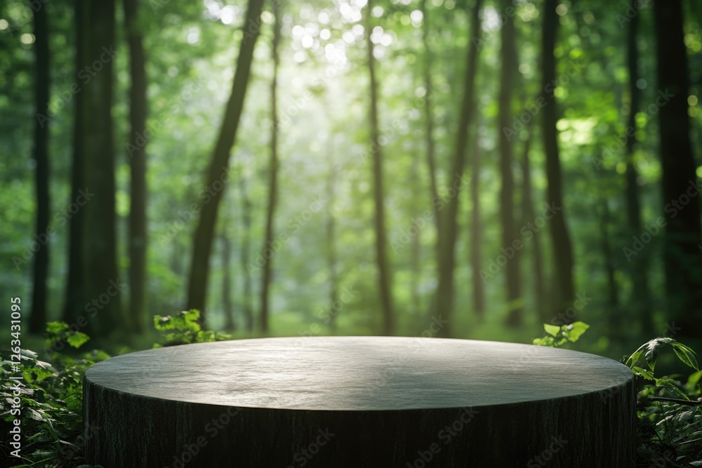 A wooden table surrounded by trees and foliage in a serene forest environment A wooden table surrounded by trees and foliage in a serene forest environment