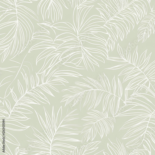 Obraz na płótnie A minimalist tropical plant illustration with delicate outlines of palm leaves, monstera, and ferns on a soft pastel background. Hand-drawn botanical elements create a stylish and elegant design. w salonie