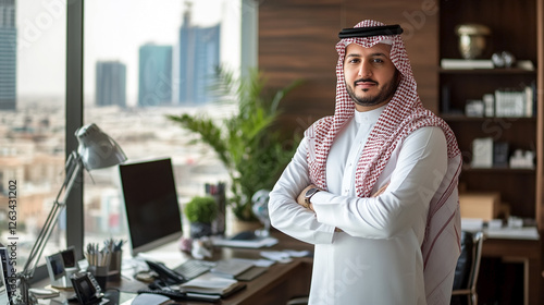 Arabian man wearing Emirati Kandora traditional clothing in the office. Arabian businessman.