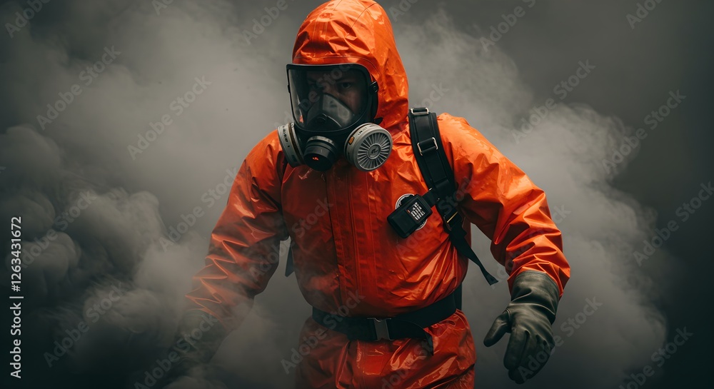 Obraz premium Hazmat worker in orange protective suit and gas mask navigating through toxic smoke. Chemical spill emergency response and hazardous material handling safety concept.