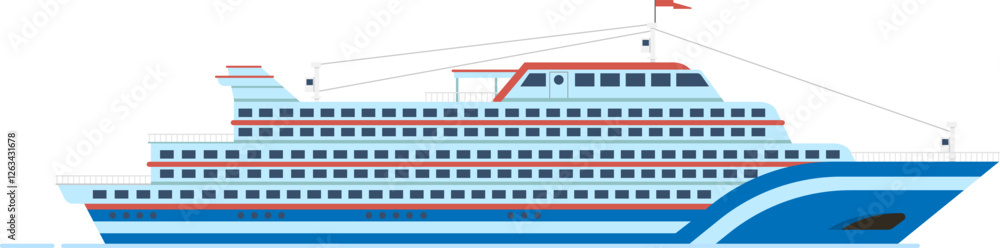 Cruise ship sailing on calm water, featuring numerous decks, windows, and a prominent red flag at the top, ideal for travel, tourism, and maritime industry projects Cruise ship sailing on calm water, featuring numerous decks, windows, and a prominent red flag at the top, ideal for travel, tourism, and maritime industry projects