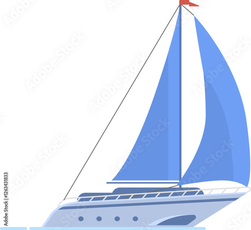 Sleek, modern sailboat gliding across the water, blue sails billowing in the wind, with a vibrant red flag atop the mast enhancing the serene scene