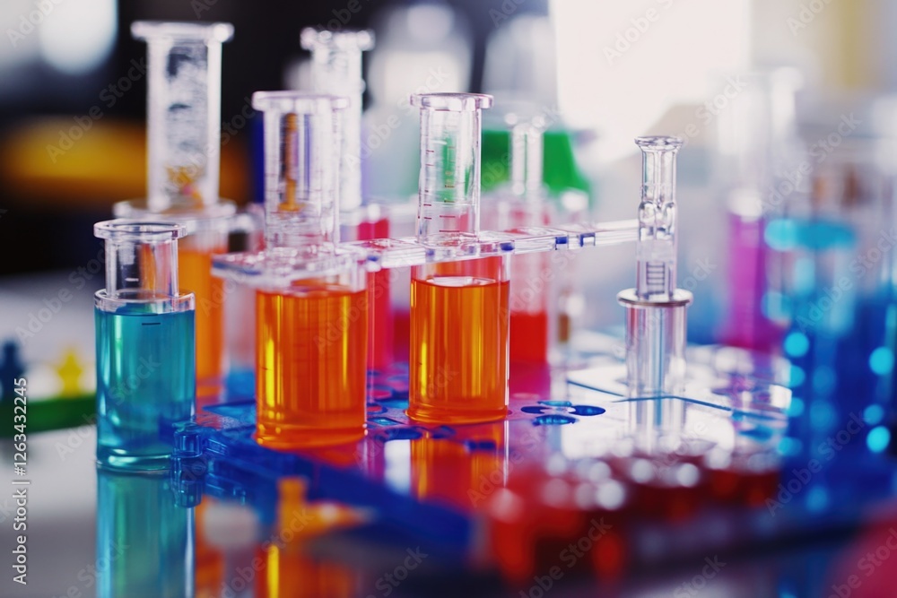 Close-up view of multiple test tubes on a table, ideal for science and laboratory-related projects Close-up view of multiple test tubes on a table, ideal for science and laboratory-related projects