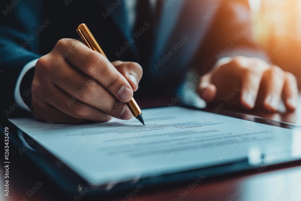 A person in a suit holding a pen and signing a paper, great for business or professional use A person in a suit holding a pen and signing a paper, great for business or professional use