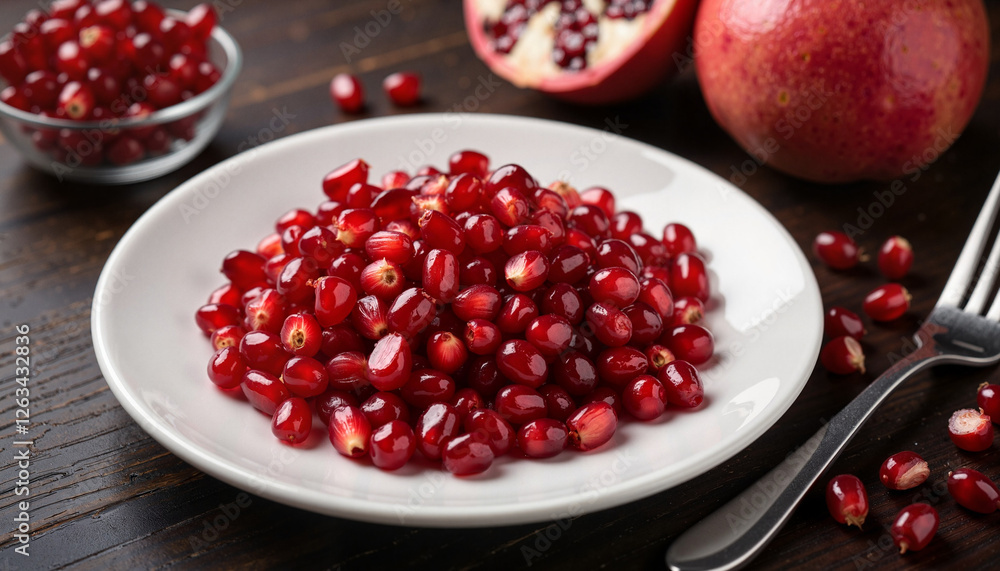 Glossy pomegranate seeds on dish, rich ambient lighting Glossy pomegranate seeds on dish, rich ambient lighting