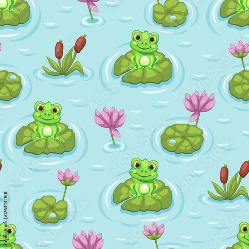 Seamless pattern with cute frogs in the pond with lotus flowers and lilies. Vector illustration