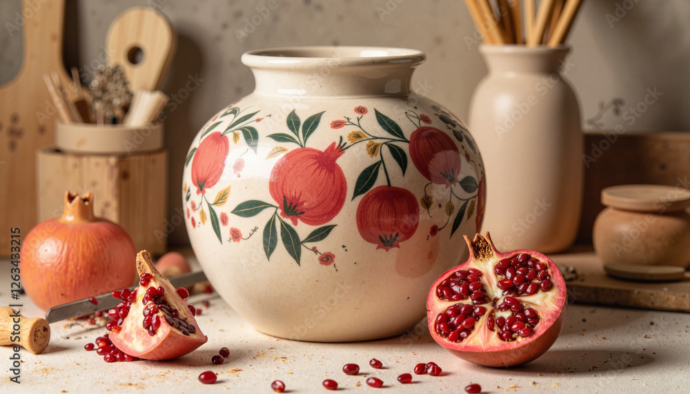 Pomegranate-inspired ceramic vase in artisan studio, creative expression Pomegranate-inspired ceramic vase in artisan studio, creative expression