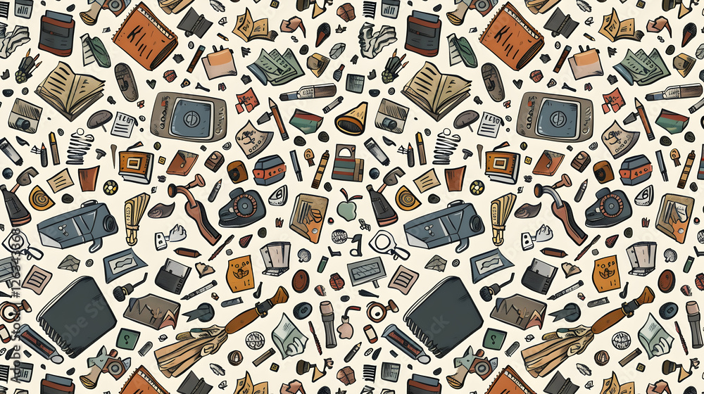Fototapeta premium A vibrant collage of various artistic tools and objects scattered across a textured background