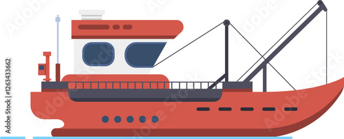 Red fishing boat sailing across the sea, showcasing a side view of a commercial fishing vessel, representing the seafood industry in a vibrant vector illustration