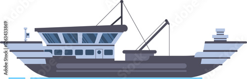 Fishing boat sailing on the sea, commercial fishing ship for seafood industry, shipping sea boat for ocean water, isolated vector illustration set