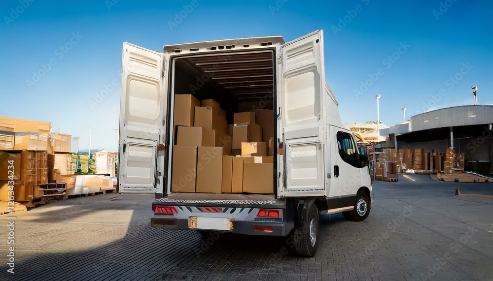 Naklejka premium Large white truck its back door open loading Optimizing Delivery: Boxes Packed