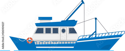 Commercial fishing boat sailing on the sea, side view of a modern fishing vessel equipped for trawling or netting, vector illustration isolated on white background