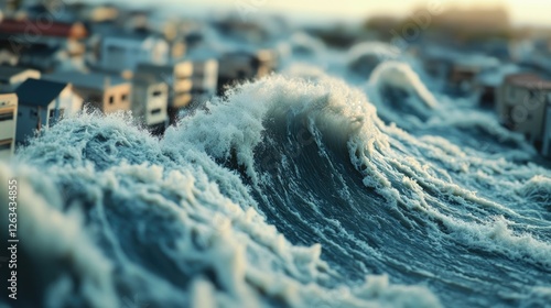 Fototapeta Naklejka Na Ścianę i Meble -  A massive ocean wave crashes down on a small coastal town, with buildings and streets submerged in water