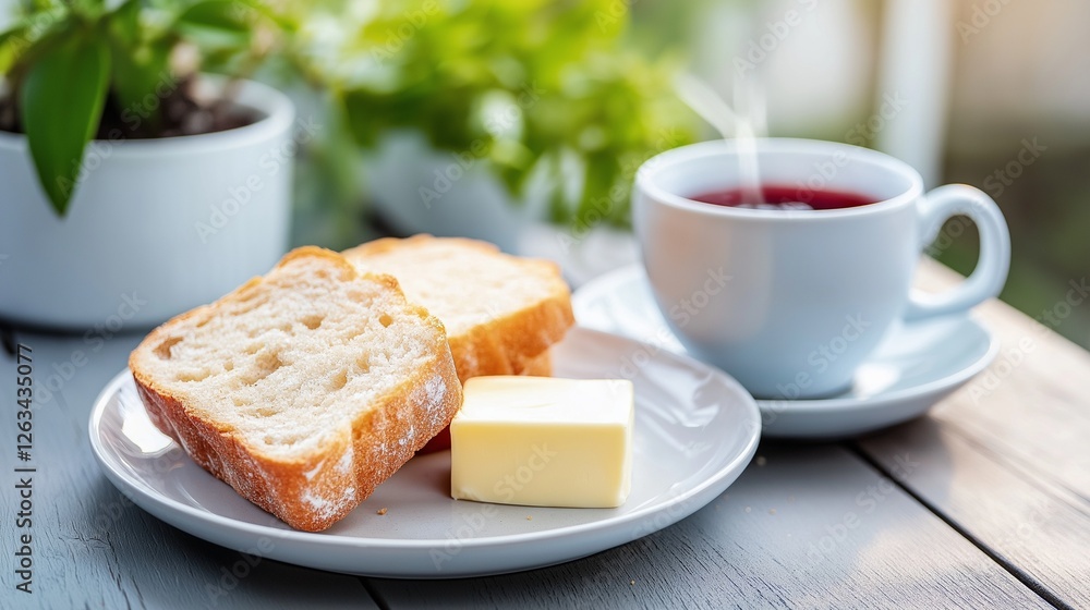 plate of traditional Irish bread on a rustic wooden table, accompanied by butter, jam plate of traditional Irish bread on a rustic wooden table, accompanied by butter, jam