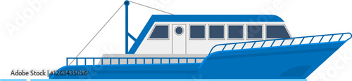 Modern fishing boat sailing on calm sea water, representing commercial fishing vessels used in the seafood industry, featuring railings, windows, and a crane for efficient operations photo