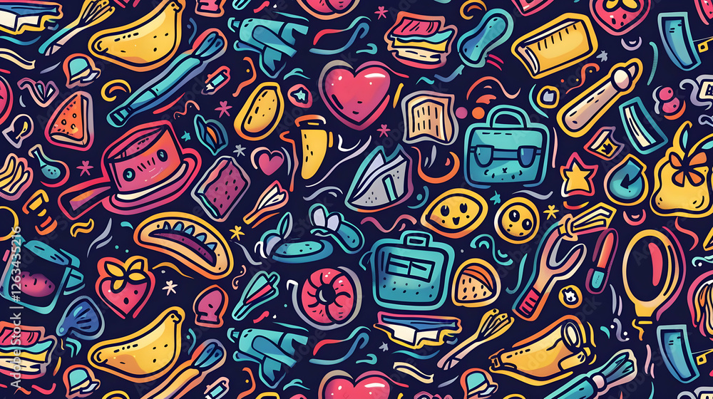 Naklejka premium Colorful doodle pattern featuring various food items, tools, and playful objects on dark background