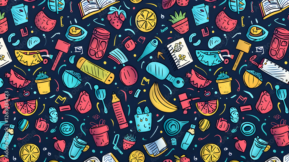Naklejka premium Colorful pattern featuring various food items, kitchen tools, and fruits on a dark background