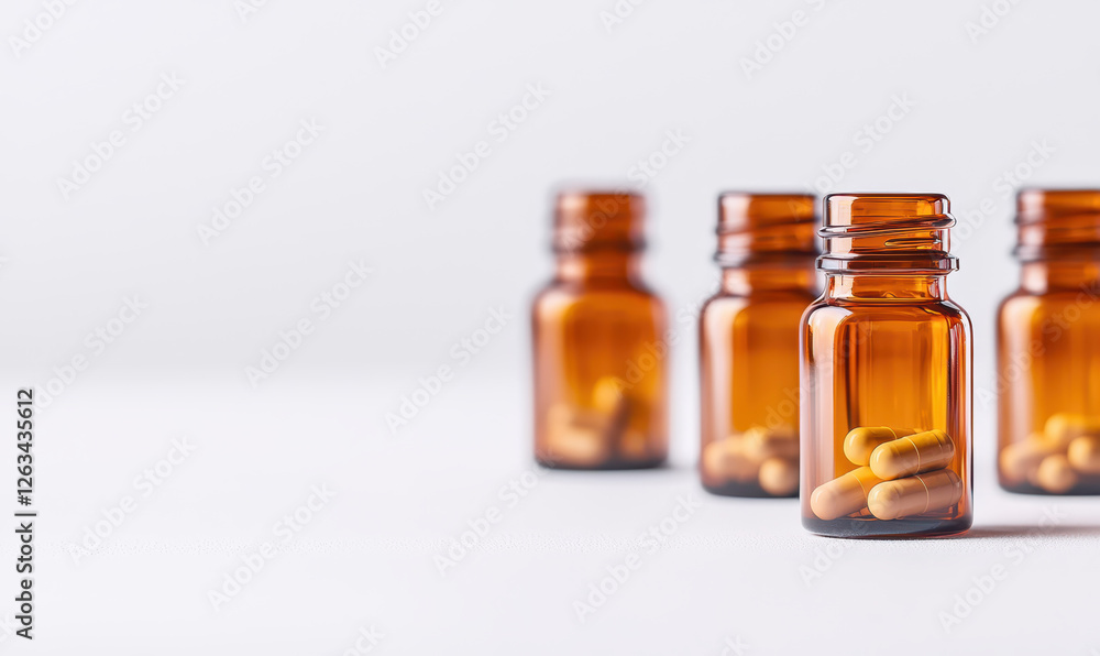 Aesthetic Representation of Amber Bottles with Capsules - A Focus on Health, Supplements, and Wellness for Optimal Living and Nutrition Solutions Aesthetic Representation of Amber Bottles with Capsules - A Focus on Health, Supplements, and Wellness for Optimal Living and Nutrition Solutions
