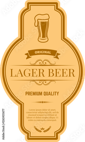 Vintage brown and beige lager beer label featuring overflowing glass, original ribbon, premium quality claim and decorative wheat for brewery or alcohol industry