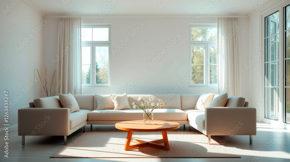 Fototapeta premium Living room with a large window and white curtains, in a spring style and daytime lighting, generated image