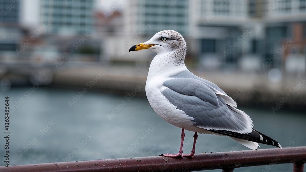 Obraz premium A Seagull Perched on a Railing Overlooking a Beautiful Cityscape with Water and Buildings in the Background